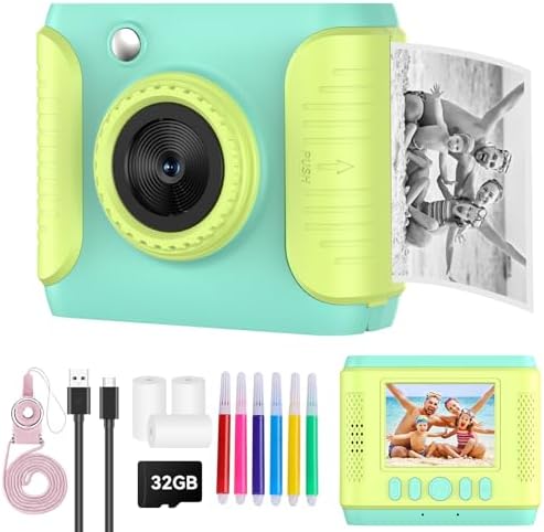 Kids Instant Print Camera,Christmas Birthday Gifts for Girls and Boys,1080P HD Video Digital Kids Camera with Print Paper&32G Card,Toddler Toy for 3-14 Years Old (Green) by RADEKLY