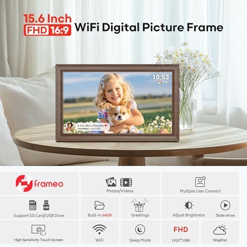 64GB 15.6" Frameo Digital Picture Frame WiFi, Large Electronic Photo Frames Wood 1920 x 1080 IPS FHD Touch Screen, Send Photos from Your Phone from Anywhere, Best Gifts for Family and Friends - Image 6