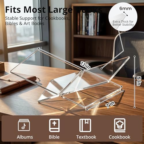 Acrylic Desktop Book Stand, Clear Angled Book Holder Display for Cookbooks, Magazines & Art Books, 12×7×5 in Slim Transparent Reading Stand for Desk & Coffee Table - Image 3