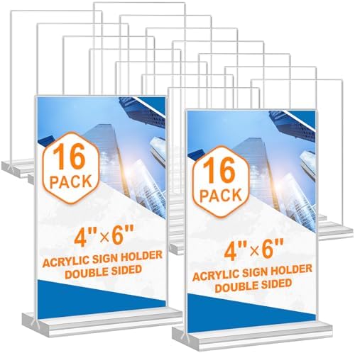 Acrylic Sign Holder 4x6, 16 Pack Clear Double Sided Clear Table Menu Vertical Display Stand Desktop Display Stand Paper Holder Table Sign Holder Suitable for Restaurants Office Store Show Fair by DunGu