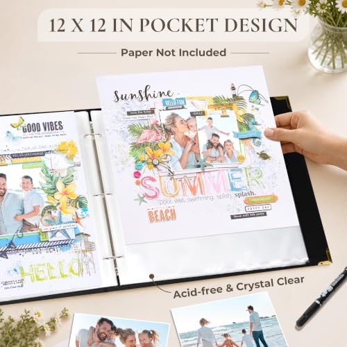 Vienrose Large 3 Ring Scrapbook Album 14.2 x 13 Inch, Textured Paper Cover DIY Photo Album with 40 Plastic Sleeves for Photos Baby Travel Wedding Anniversary Black - Image 6