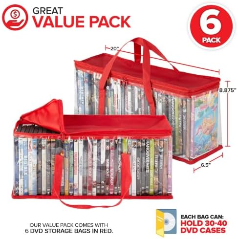 Stock Your Home DVD Storage Bags (Set of 6) Media Organizer Bag for DVDs, CDs, Blu Ray Disc, Movie Cases, VHS Box, Video Game Disks, Clear Plastic Holders with Carrying Handles and Zipper - Red - Image 2