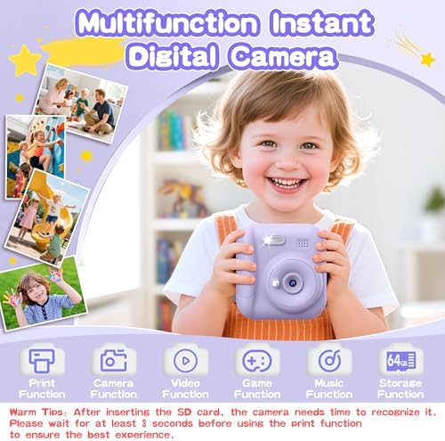 Kids Instant Camera with 64GB SD Card, Portable Digital Camera Toy for Girls and Boys Ages 3-12, Toddler Christmas and Birthday Gift for 3 4 5 6 7 8 9 10 Year Old Kids (Blue) (Purple) - Image 2