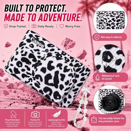 Cute Camera Case for Canon PowerShot SX740 HS/SX730 HS,Silicone Protective Cover with Removable Lens Cap,Wrist Strap & 2 Pack Tempered Glass Screen Protector for Women (White Leopard) - Image 6