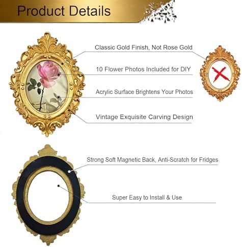 Mini Gold Magnetic Picture Frames for Refrigerator, 5 Small Vintage Photo Frames with Soft Magnet Backing, Victorian Style Decor for Kitchen Office Home - Image 3
