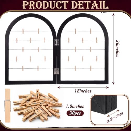 Briwooody 2 Panel 24 x 18 Inch Photo Display Rack with Clips Wooden Arched Picture Collage Frames Board for Farmhouse Wedding Postcard Greeting Card Organizer Holder Home Dorm(Black) - Image 2