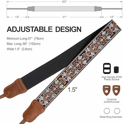Padwa Lifestyle Camera Strap - 1.5" Crazy Horse Cowhide Head Cotton Strap,Vintage Embroidery Camera Straps for Photographers and All Cameras,Cute Adjustable Shoulder Neck Strap for Adults & Kids - Image 6