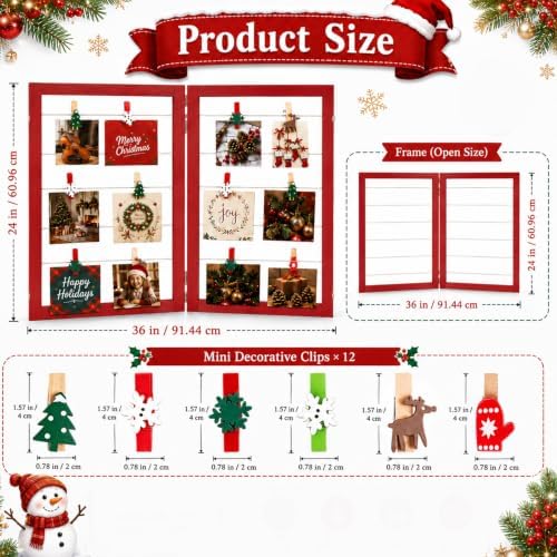 Geelin 36 x 24 Inch Photo Display Board with Clip Farmhouse Picture Display Wooden Rustic Freestanding Picture Collage Frame Wedding Tabletop Decor for Home Dorm (2 Panel,Christmas Red) - Image 2