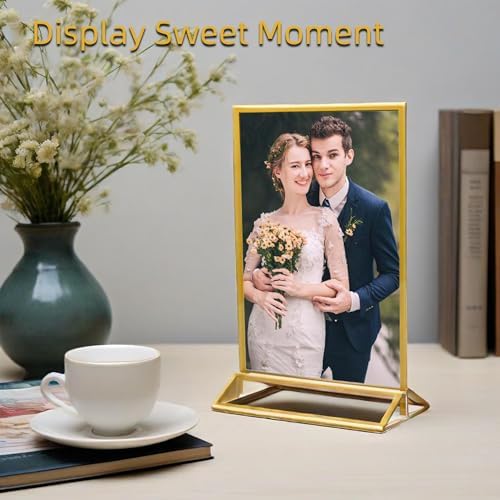 6 Pack Acrylic Sign Holder 5x7" Photo Frames, Double-sided Clear Menu Holder Gold Picture Frames for Wedding Table Numbers, Table Top Display Sign Stand Plastic Flyer Holder Vertical Paper Holder - Image 3