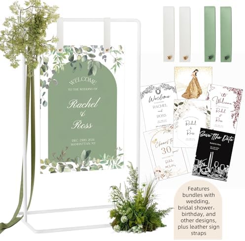 Wedding Sign Holder, Adjustable Welcome to Our Wedding Sign Stand W/Design Bundle & Leather Sign Hanging Straps, Heavy Duty Easel Stand for Sign, Wedding Seating Chart Stand, Easel for Display (White) by Furosa