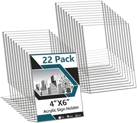 Acrylic Sign Holder 4x6, 22 Pack Clear Plastic Table Paper Display Stand, L-Shape Vertical Menu Holder Stand, Clear Picture Photo Flyer Display Stand for Restaurants, Store Show, Office Deskt by Unknown