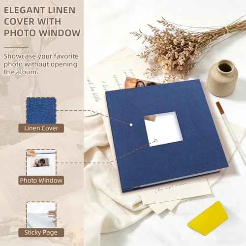 Popotop Photo Album Self Adhesive with Picture Display Window,40 Pages DIY Scrapbooking Supplies Kit for 4x6 10x12 Picture,Linen Cover Memory Book for Baby Wedding, with Scraper and Metallic Pen - Image 3