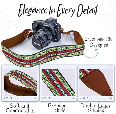 Art Tribute Camera Strap - Shoulder, Crossbody & Neck Camera Strap for Photographers, Fits All Cameras, Canon Nikon Sony Fujifilm, Padded Strap W/Quick Release, Embroidered Cotton & Leather Ends - Image 3