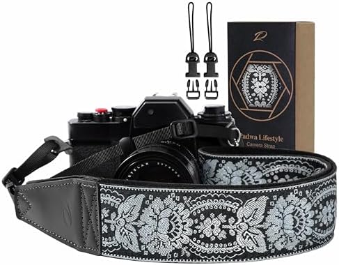 Padwa Lifestyle Camera Strap - 2" Full Grain Leather Ends Camera Straps for Photographers, Vintage Embroidered Cotton Weave Soft Suede Fabric Padded Strap Quick Release fits All Cameras by PadwaLifestyleCameraStrap