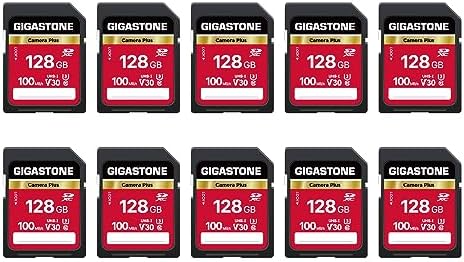 GIGASTONE 128GB SD Card 10-Pack, Camera Plus, UHS-I V30 U3 SDXC Memory Card High Speed UHD Video Speed up to 100MB/s, Compatible with Digital Camera, with 10 Mini Cases by Gigastone