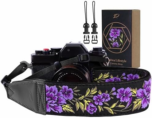 Padwa Lifestyle Purple Rose Camera Strap - 2" Full Grain Leather Ends Camera Straps for Photographers, Vintage Embroidered Cotton Soft Suede Fabric Padded Strap Quick Release fits All Cameras by PadwaLifestyleCameraStrap