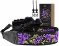 Padwa Lifestyle Purple Rose Camera Strap - 2" Full Grain Leather Ends Camera Straps for Photographers, Vintage Embroidered Cotton Soft Suede Fabric Padded Strap Quick Release fits All Cameras by PadwaLifestyleCameraStrap