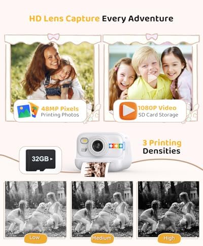 Kids Color Instant Print Camera – Kids Camera with 5 Color Photo Paper, 48MP & 1080P Video, 21 Fun Frames, 32G Card, Christmas/Birthday Gifts for Girls and Boys Ages 3 4 5 6 7 8 9 10 11 12 -White - Image 6