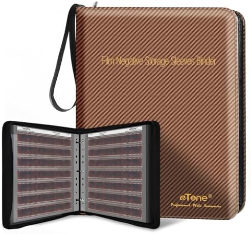 eTone Film Negative Storage Album, Black PU Leather, 50 35mm Acid-Free Sleeves, Triple Ring Binder Box, 13.18x7.08x1.96 Inch (Brown) by eTone
