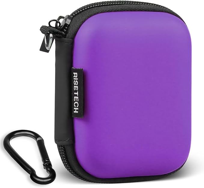 Earbud Case, RISETECH Earphone Case Holder Hard EVA Headphone Small Zipper Pouch Compatible with Wireless in-Ear Headset, SD Cards, USB Charger Cable, AirPods, Sony Wired Earbuds with Keychain -Purple by RISETECH