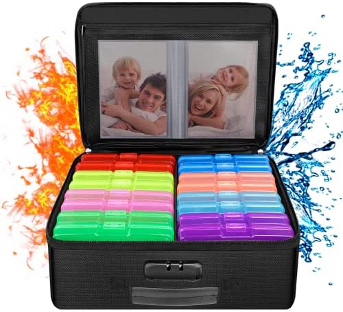 ENGPOW Fireproof Photo Storage Box with 16 Inner 4" x 6" Photo Cases(Multi-Colored), Photo Organizer with Lock, Collapsible Portable Photo Safe Containers with Handle for Photos, Picture, Craft by ENGPOW