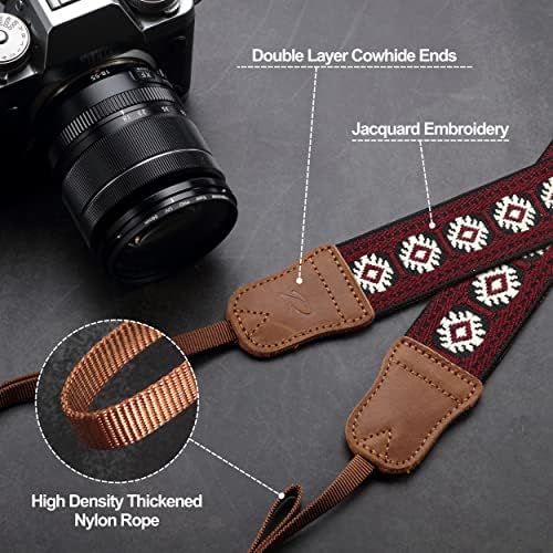 Padwa Lifestyle Camera Strap - 1.5" Crazy Horse Cowhide Head Cotton Strap,Vintage Embroidery Camera Straps for Photographers and All Cameras,Cute Adjustable Shoulder Neck Strap for Adults & Kids - Image 2