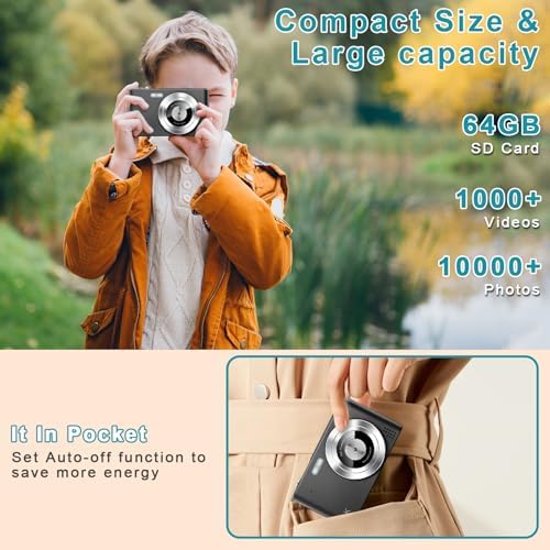Digital Camera, Camera for Kids, UHD 4K 48MP Point and Shoot Digital Cameras with 64GB SD Card and 16X Digital Zoom Anti Shake, Compact Portable Small Gift for Boys Girls Students, Black - Image 5