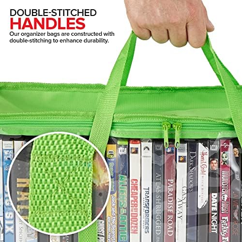 Stock Your Home DVD Storage Bags (Set of 2) Media Organizer Bag for DVDs, CDs, Blu Ray Disc, Movie Cases, VHS Box, Video Game Disks, Clear Plastic Holders with Carrying Handles and Zipper - Green - Image 5