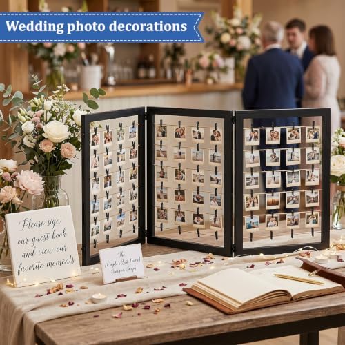 Geelin 54 x 24 Inch Photo Display Board with Clip Farmhouse Picture Display Wooden Rustic Freestanding Picture Collage Frame Wedding Tabletop Decor for Home Dorm (3 Panel,Black) - Image 3