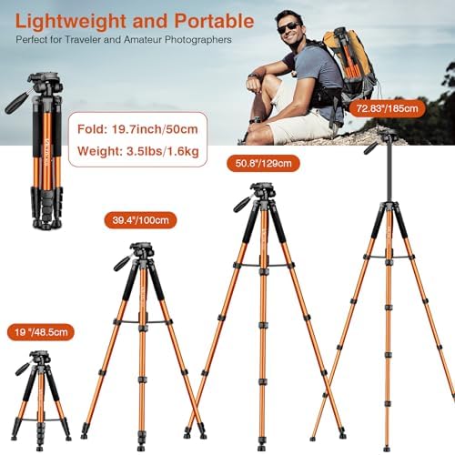 Tripod for Camera, 72" Tall Camera Tripod & Monopod with Remote, Professional Heavy Duty Compact Camera Stand for Phone, DSLR, Spotting Scope, Telescope, Binocular - Image 2