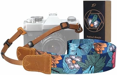 Padwa Lifestyle Camera Strap - 1.5" Soft Nylon Print Crazy Horse Cowhide Head Camera Straps for Photographers and All Cameras,Cute Adjustable Vintage Woven Strap for Adults & Kids(Flower Heart Blue) by PadwaLifestyleCameraStrap