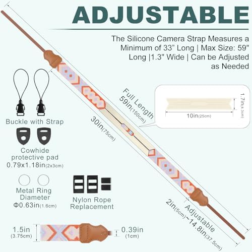 FIEIL Neck Strap Silicone Camera Straps - Padded Camera Strap, 1.5" Wide Adjustable Neck Strap - Compatible with Canon, Nikon, Sony, and More DSLR and Mirrorless Cameras (Orange purple khaki weave) - Image 5