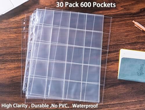 30 Pack 600 Pockets 2x2” Coin Flip Sleeves, Heavy Duty Stamp Collection Pages for 3 Ring Binder, 20 Pocket Photo Slide Flips Organizer Sheet, Top Loading Clear Cardboard Coin Holder Sleeves - Image 2