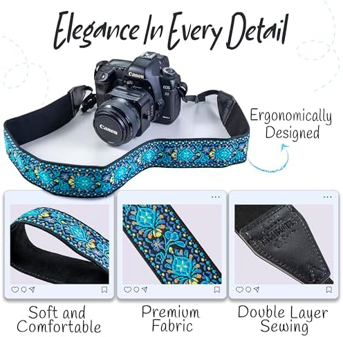 Camera Strap - Shoulder, Crossbody & Neck Camera Strap for Photographers, Fits All Cameras, Canon Nikon Sony Fujifilm, Padded Strap W/ Quick Release, Embroidered Cotton & Leather Ends, Blue - Image 3
