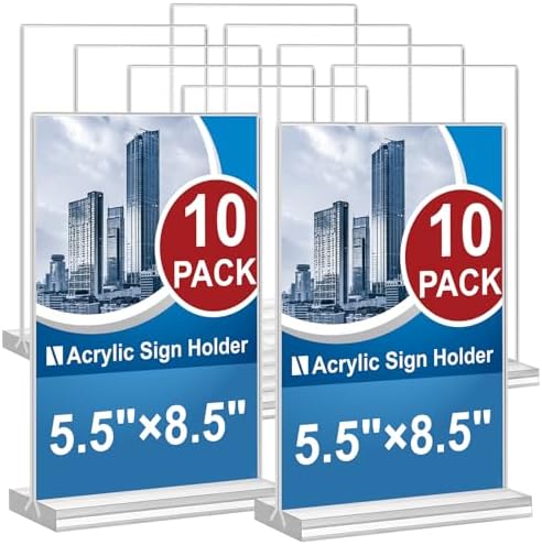 Acrylic Sign Holder 5.5 x 8.5, 10 Pack Double-Sided Stand up Table Top Clear Sign Holders, T Shape Plastic Acrylic Picture Frame Menu Flyer Paper Holder Display Stands for Office Store Wedding Party by Arrobust