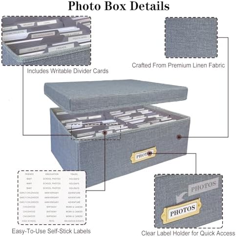Linen Photo Storage Box – Holds 1700 Photos, Photo Organizer with Lid for Photo, Pictures, 24 Adjustable Dividers & 72 Labels Multi-Use Organizer Memory Box for Envelopes, Baby, Wedding, Cards Grey - Image 4