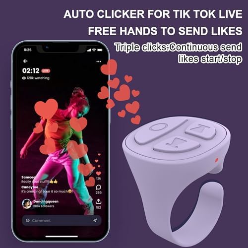 TikTok Scrolling Ring, Bluetooth Camera Remote Control, Scrolling Ring Remote for iPhone TIK Tok Facebook YouTube Instagram Android Phone, Auto Tapper for TikTok Live (Purple) - Image 3