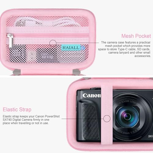 RAIALL Camera Case for Canon PowerShot SX740 HS/ SX730 HS/ SX720 HS/ SX620 HS Digital Camera, 4K Video Camera Hard Carrying Case Protective Travel Bag, Mesh Pocket for Batteries and USB Cable, Pink - Image 4