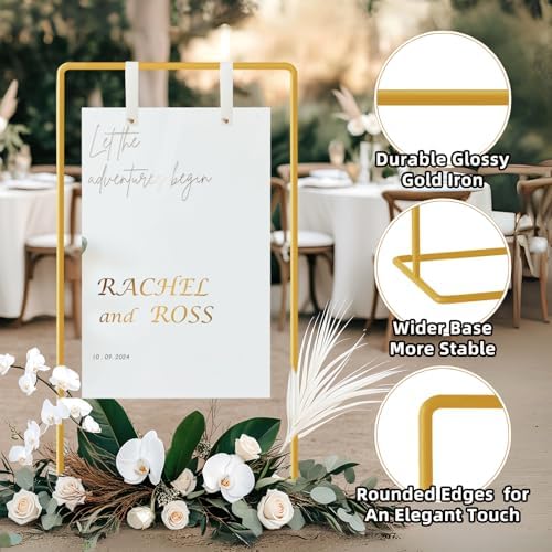 Wedding Sign Holder, Adjustable Welcome to Our Wedding Sign Stand W/Design Bundle & Leather Sign Hanging Straps, Heavy Duty Easel Stand for Sign, Wedding Seating Chart Stand, Easel for Display (Gold) - Image 5
