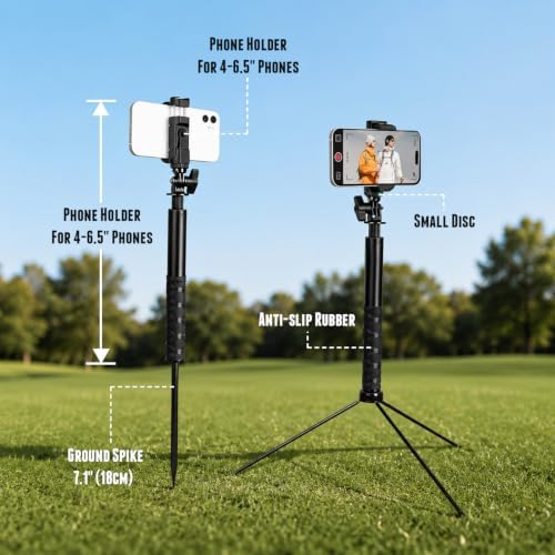 Golf Tripod Selfie Stick, 47” All-Terrain Phone Monopod with Ground Spike & Tripod Base | Magnetic Phone Holder, 1/4” Screw, Carry Bag | for Golf Swing Recording, Vlog, Travel, Outdoor Sports - Image 2