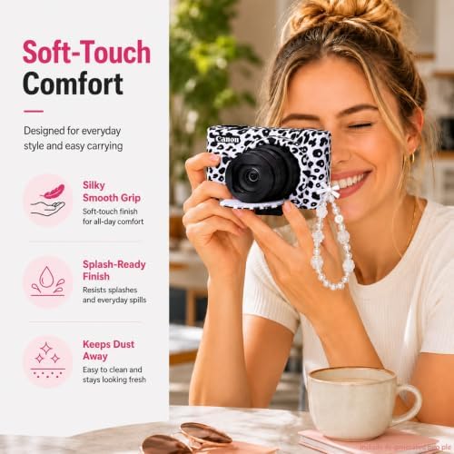 Cute Camera Case for Canon PowerShot SX740 HS/SX730 HS,Silicone Protective Cover with Removable Lens Cap,Wrist Strap & 2 Pack Tempered Glass Screen Protector for Women (White Leopard) - Image 4