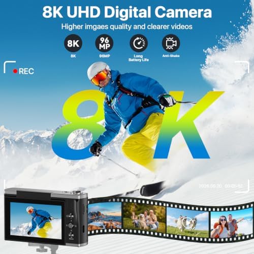 8K Digital Camera for Photography with WiFi 96MP Autofocus Vlogging Camera for YouTube Video 3.5'' 180°Flip Screen 20X Zoom Anti-Shake Compact Point and Shoot Cameras for Beginner Creator with SD Card - Image 2