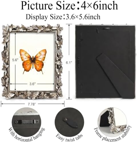 Silver 4X6 Vintage Picture Frames Golden Palm Butterfly Elegant Retro European Design,Antique Picture Frame for Tabletop Stand or Wall Hanging - Image 3