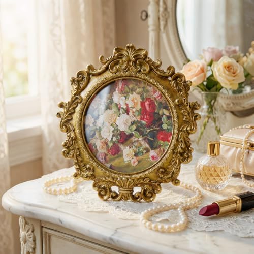 Cuspin 4x4 Picture Frame Gold Vintage Round Floral Resin Frame - Image 7