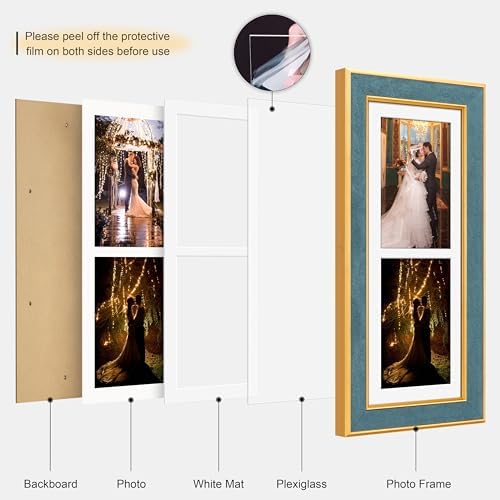 Suede 6x15 Picture Frame Display 2 Opening 5x7 Double Picture Frames Collage Wall Decor with Mat,Multi Photo Frame for Plexiglass,Wall Decor,1Pack,Blue - Image 2