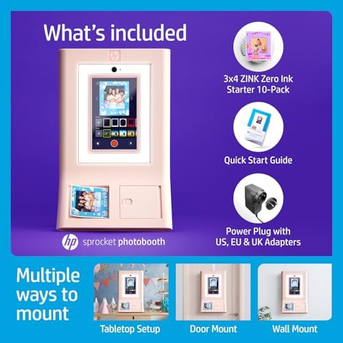 HP Sprocket Photo Booth Machine Instant Color Photo Printer - 10.1" Touchscreen, LED Ring Light - Customize w/250+ Fun Frames, Prints on 3x4 Zink Paper or Share via QR Code, Mobile Notify App - Pink - Image 2