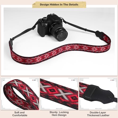 Universal Camera Strap - Camera Neck Strap, Adjustable Shoulder Straps Compatible with Canon, Fujifilm, Nikon, Olympus, Panasonic and other SLR and mirrorless cameras - Red White Grey Rhombus - Image 5