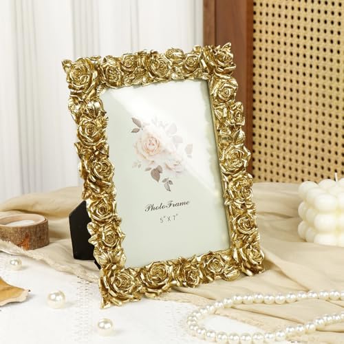 Cuspin 5x7 Gold Rose Picture Frame Vintage Ornate Floral Resin Photo Frame - Image 3
