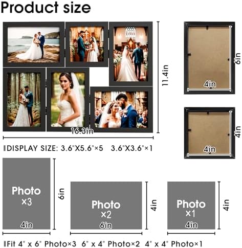 WARM&LOVE 6 Picture Frame, 4x6 & 4x4 Six Folding Hinged Photo Frames, Rustic Wood Desk Family Photo Collage Stand Vertical on Tabletop for Birthday Family Lover Gift (Black) - Image 2