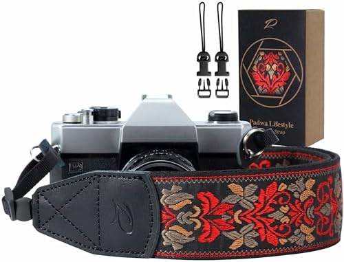 Padwa Lifestyle Camera Strap - 2" Wide Red Vintage Jacquard Embroidery Flower Camera Straps with Genuine Leather Head, Adjustable Neck Shoulder Strap for All Cameras and Men & Women Photographers by PadwaLifestyleCameraStrap